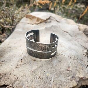 Silver Tone Etched Cuff Bracelet Wide Open Bangle Floral Scroll Adjustable Boho